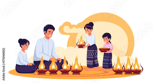 Family Lighting Oil Lamps Together for a Celebration or Ritual