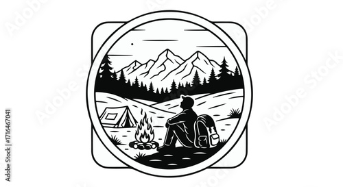Solitary hiker enjoys a serene mountain landscape with a campfire at dusk