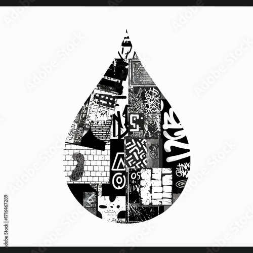 Abstract Water Drop Design in Black and White Collage with Graffiti Elements and Urban Texture creating a unique visual