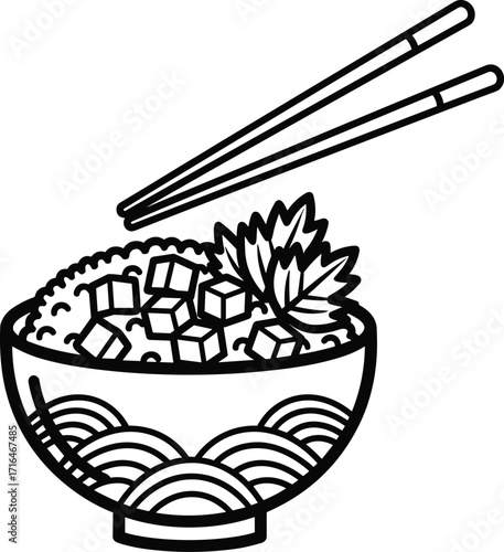 Asian food bowl with chopsticks, black and white line art, rice or noodles, tofu cubes, decorative sketch, culinary illustration