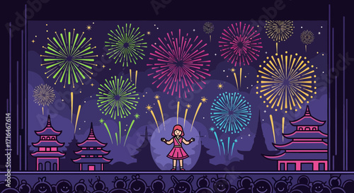 Girl Performing on Stage During Festive Fireworks Display with Pagoda Buildings
