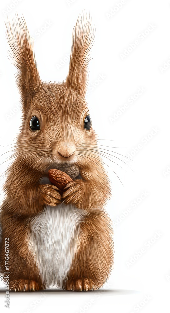 Obraz premium Cute squirrel holding nut in paws isolated on white background, wildlife illustration and nature animal drawing for World Animal Day concept