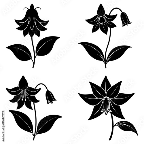 Four floral arrangements featuring bell shaped flowers with leaves in a black silhouette design style
