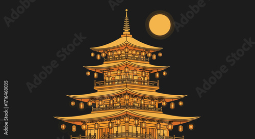 Golden Pagoda Temple Illuminated by Full Moon and Lanterns at Night