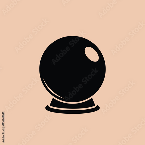 Minimalist black crystal ball icon with reflective highlights on a soft beige background in simple design