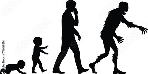 Human evolution concept silhouette, baby to monster transformation, metaphor for life, horror growth, scary evolution, stages of development art