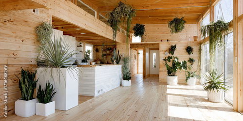 Modern interior with plants and wood paneling