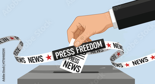 Hand dropping 'Press Freedom' ballot into ballot box, symbolizing voting for .