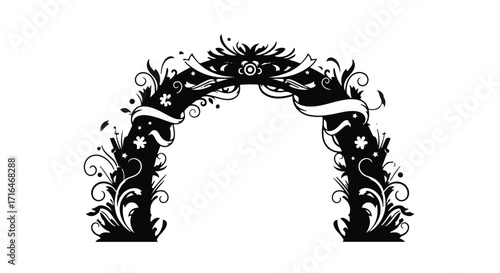 Elegant ornate arch decorated with floral elements and banners, perfect for celebrations and events.