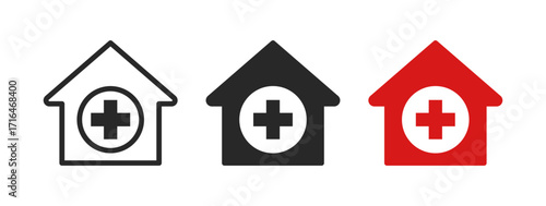 Healthcare building icons with medical cross symbol representing hospital, pharmacy, clinic, first aid center, or home medical assistance concept