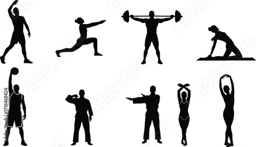 Silhouette athletes performing fitness, yoga, weightlifting, martial arts, basketball, dance, bodybuilding, exercise poses, sport activity, vector illustration