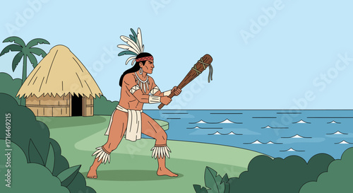 Indigenous man with club on tropical island near hut and ocean, illustration