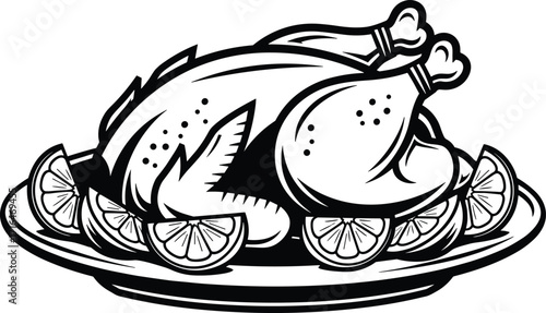 Roasted turkey on platter, black and white line art, lemon garnish, holiday meal sketch, Thanksgiving food illustration, festive dinner drawing