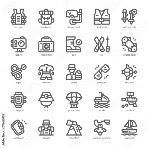 Adventure Sport Icon pack for your website, mobile, presentation, and logo design. Adventure Sport Icon outline design. Vector graphics illustration and editable stroke.