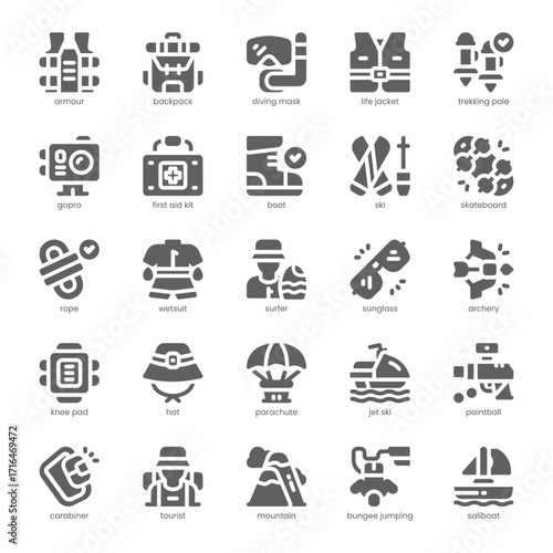 Adventure Sport Icon pack for your website, mobile, presentation, and logo design. Adventure Sport Icon solid design. Vector graphics illustration and editable stroke.