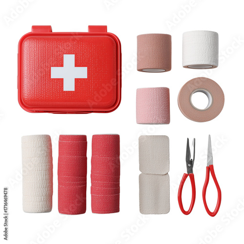 Фотография Comprehensive first aid kit contents including medical supplies and bandages for
