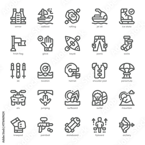 Adventure Sports Icon pack for your website, mobile, presentation, and logo design. Adventure Sports Icon outline design. Vector graphics illustration and editable stroke.