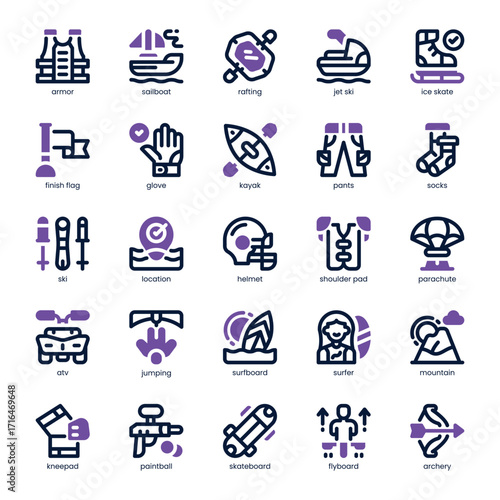 Adventure Sports Icon pack for your website, mobile, presentation, and logo design. Adventure Sports Icon dual tone design. Vector graphics illustration and editable stroke.