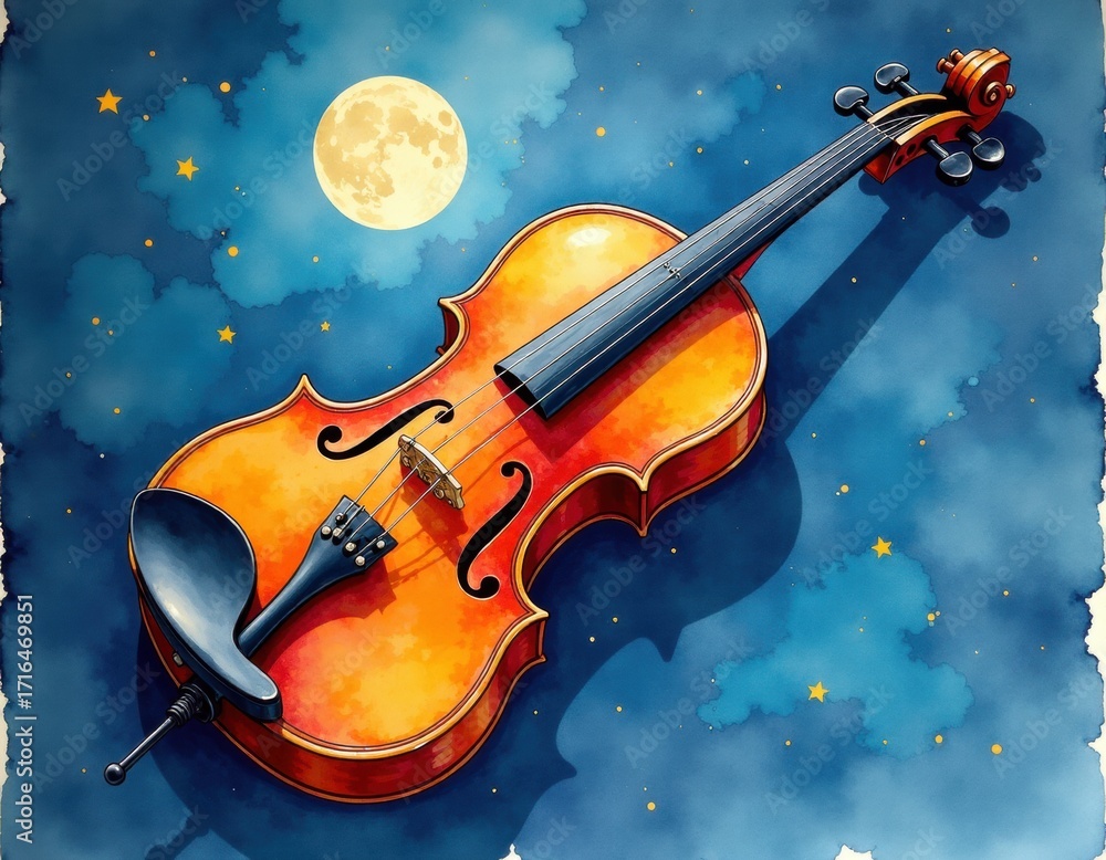 Fototapeta premium Dreamy Watercolor Violin Under Moonlight