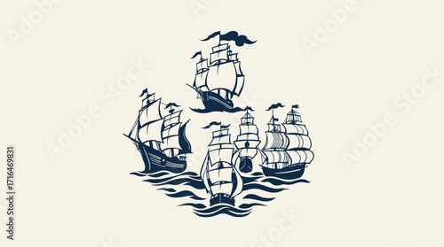 Vintage style graphic design of four sailing ships on water, arranged in a circular pattern.