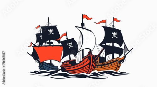 Stylized illustration of three pirate ships sailing on choppy ocean waves, flags flying.