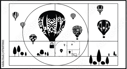 Whimsical hot air balloons float across a stylized landscape with a Fibonacci spiral overlay.