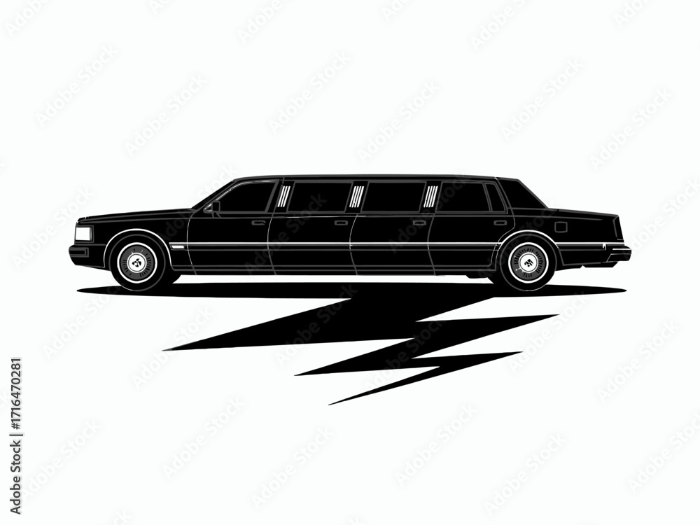Naklejka premium Elegant Black Limousine Illustration Sleek Design Luxury Vehicle Transport Service Isolated on White Background Art Deco Style Vehicle Illustration