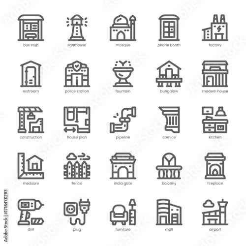 Architecture Icon pack for your website, mobile, presentation, and logo design. Architecture Icon outline design. Vector graphics illustration and editable stroke.