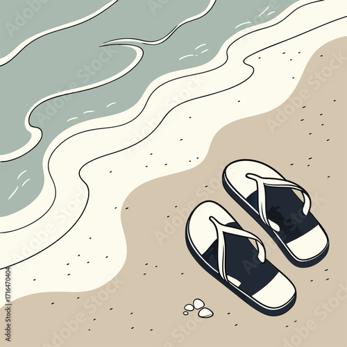 Colorful illustration of summer footwear, a pair of fashion flip flops on a sandy beach