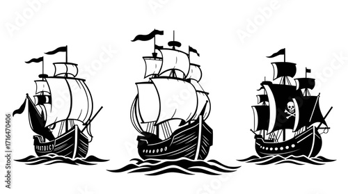 Three sailing ships depicted in black and white, navigating through stylized waves on a white background.