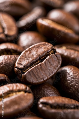Roasted Coffee Beans Pile Close-Up with Selective Focus on Wooden Surface