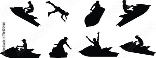 Silhouette of people riding jet skis, water sport action scenes, summer adventure, extreme watercraft stunts, perfect for vacation themes
