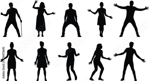 Silhouette people in dynamic poses, expressive movement, gesture art, dancing, reacting, body language, character design, vector illustration, emotion stance