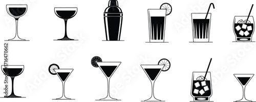 Cocktail glass icons set, drink silhouettes, bar tools, martini, highball, coupe, cocktail shaker, lemon garnish, ice cubes, straw, vector illustration, black and white, flat design, beverage symbol