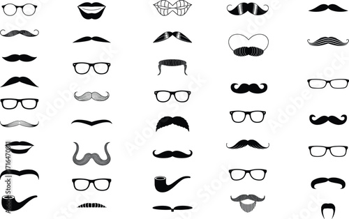 Mustache and glasses icons, facial features silhouette, vintage style accessories, men’s fashion elements, hipster design set, beard and lips vector collection