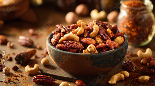 BBQ candied nuts with almonds cashews pecans and walnuts coated in smoky spiced caramel served in rustic ceramic bowl on wooden table
