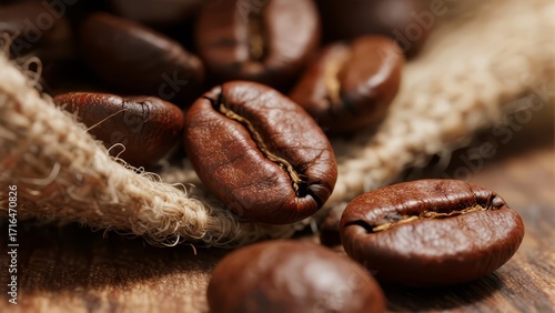 Roasted Coffee Beans Spilling from Burlap Sack on Wooden Background