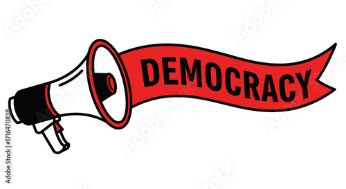 Megaphone with Red Banner Announcing Democracy, Symbolizing Voice and Freedom of Speech