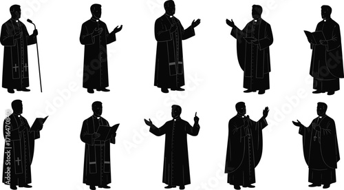 Silhouette religious leaders in ceremonial robes, preaching, reading scripture, holding books and staffs, spiritual ritual, vector illustration, clerical attire