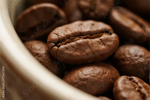 Roasted Coffee Beans in Wooden Bowl - Close Up with Selective Focus and Textured Detail