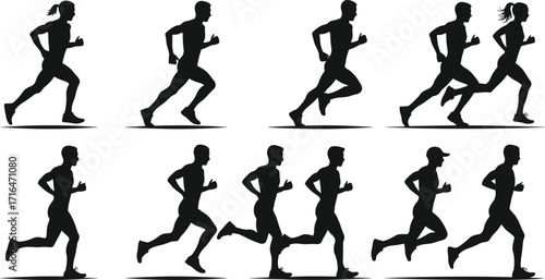 Silhouette runners in motion, athletic posture, jogging styles, fitness activity, human movement, sports training, running form, vector illustration, exercise concept