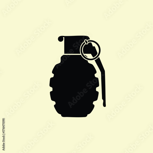 Black silhouette of a hand grenade with safety pin isolated on a light background in simple style