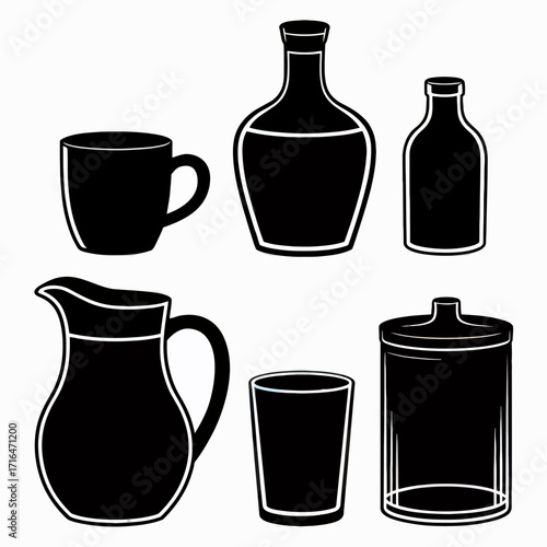 Minimalist Black and White Illustration of Various Glassware and Containers Perfect for Kitchen and Dining Designs