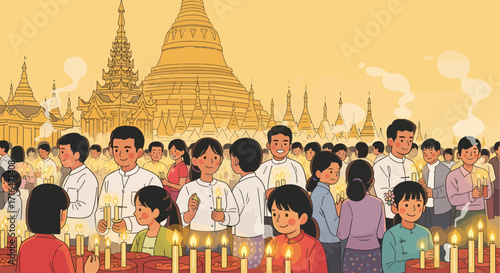 People holding candles in front of golden pagodas at sunset, traditional celebration