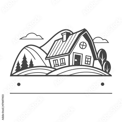 Stylized black and white illustration of a house on a hill with trees and clouds home building