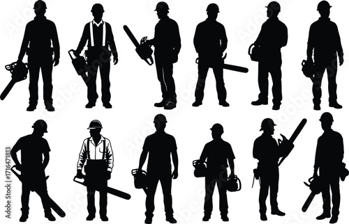 Chainsaw, Worker, Silhouette, Safety, Helmet, Gear, Tool, Grid, Blackwhite, Forestry, Construction, Manual, Labor, Posture, Equipment, Action, Task, Technique, Industrial, Protective