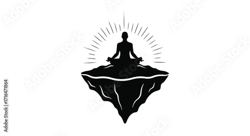Serene silhouette meditating atop a floating island, radiating calm energy