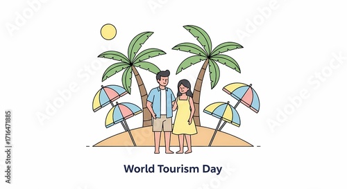 Wallpaper Mural World Tourism Day Couple on Tropical Beach Vector Illustration Torontodigital.ca