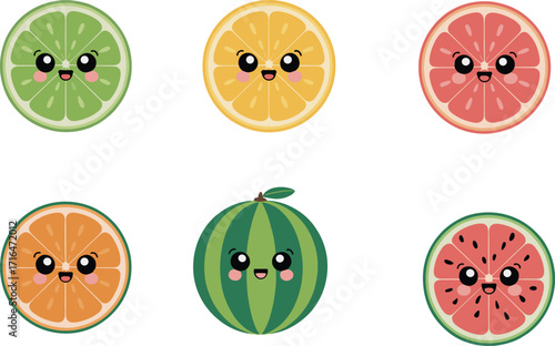 Cute kawaii fruit characters, smiling citrus slices, watermelon and orange faces, cartoon food, playful design, vector illustration, fun fruit icons, happy fruits, colorful kawaii art
