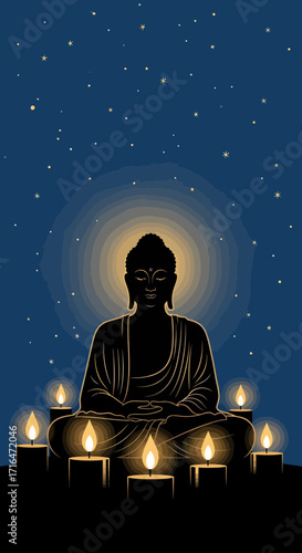 Serene Buddha Silhouette Meditating Surrounded by Candles Under a Starry Night Sky